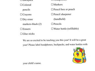 1st Grade School Supply List 2024 2025