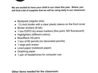 6th Grade School Supply List 2024 2025