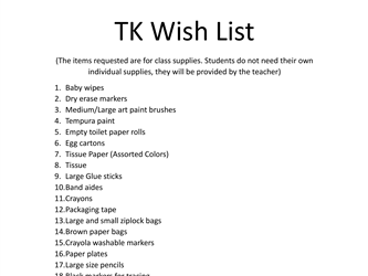 TK School Supply List 2024 2025